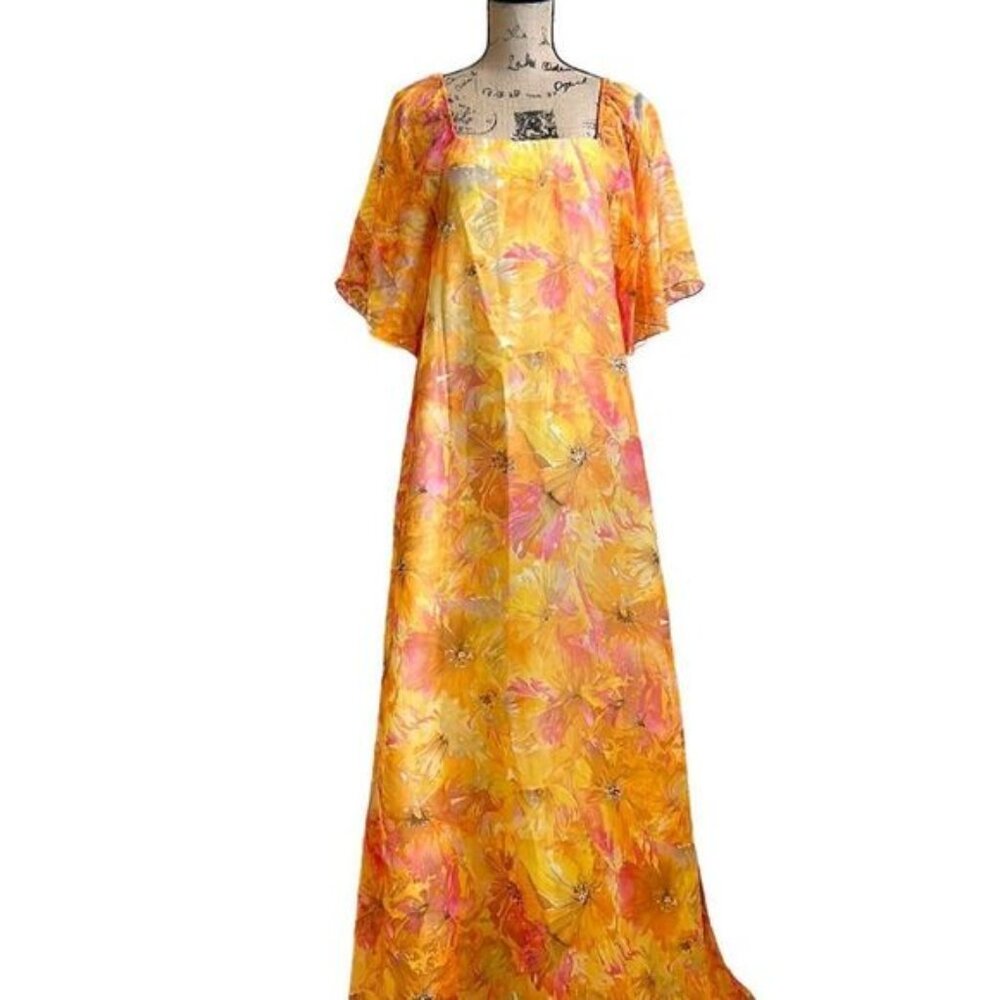 Mildred’s Of Hawaii Vintage Rare Stunning Floral Chiffon Maxi Dress size 10